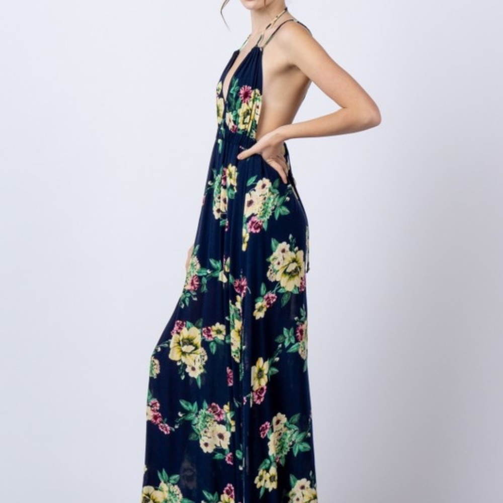 Navy Floral Print Strappy Open Back Maxi D… - Picture 3 of 9
